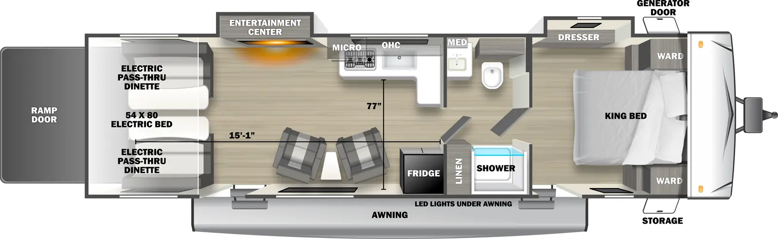 The 2600SRT travel trailer has 2 slide outs on the off-door side, 2 entry doors and 1 rear ramp door. Exterior features include an awning with LED lights over both entry doors, front door side storage and front off-door side generator door. Interior layout from front to back includes: front bedroom with foot-facing King bed, shelf over the bed, front corner wardrobes, off-door side slideout holding a dresser and door side entry door to outside; pass-through bathroom with toilet, medicine cabinet and sink on the off-door side and shower and linen storage on the door side; off-door side L-shaped kitchen countertop with overhead microwave and cabinets, stovetop and sink; door side refrigerator; 2 door side recliners with end table; off-door side slideout holding an entertainment center; door side entry door to outside; and rear 54 x 80 electric bed over electric pass-through dinette. Cargo length from rear of unit to kitchen wall is 15 ft. 1 in. Cargo width from kitchen countertop to door side wall is 77 inches.